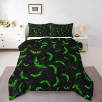 jejeloiu Kids Happy Halloween Full Size Comforter Sets,Green Diamond Bats Bedding Comforter Set,Gothic Spider Webs Bedding Sets For Teens,Ultra Soft Home Decor Reversible,3-Piece