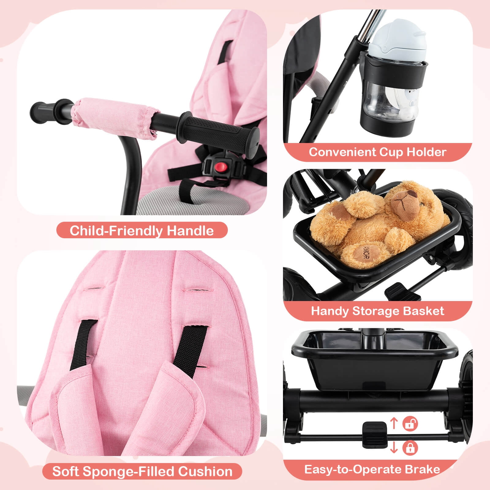 Costway Toddler Tricycle, 7 in 1 Push Trike with Adjustable Canopy Parent Push Handle Seat Pink