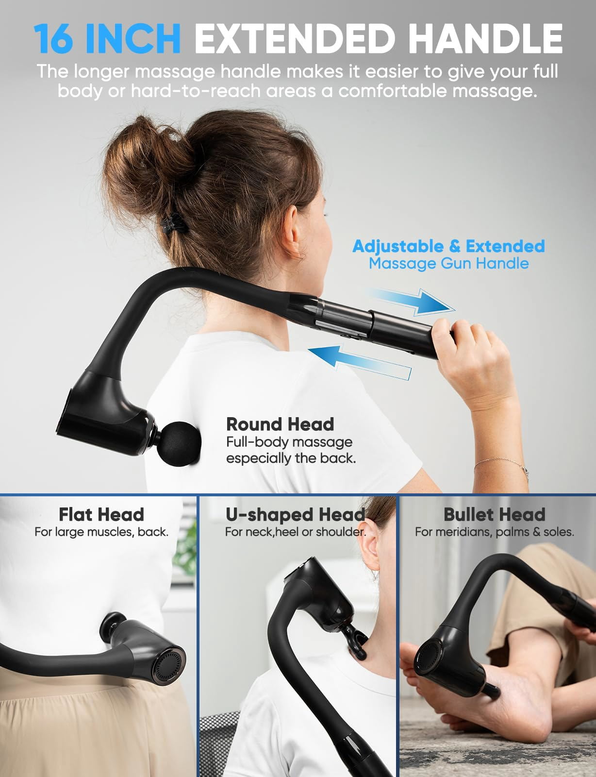 LumixPro Extended Handle Deep Tissue Massage Gun, 4 Heads, 4 Speeds Percussion Muscle Massager for Back Neck Shoulder Pain Relief, Home Gym Use