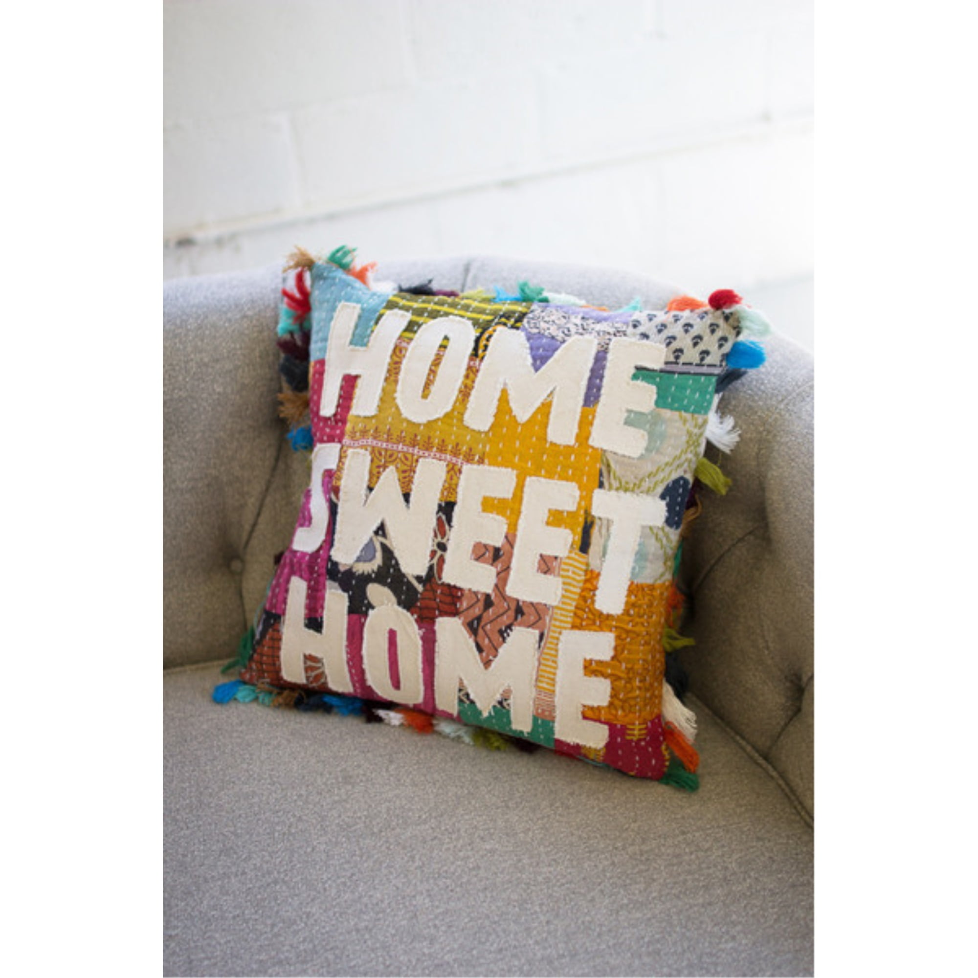 KANTHA PILLOW WITH TASSELS - HOME SWEET HOME