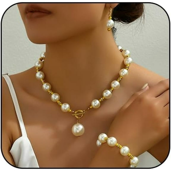 Chunky Pearl Necklace Bracelet Earrings for Women Chunky Large Pearl Choker Necklace Bracelet Earrings Prom Jewelry Set