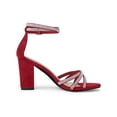 thumbnail image 3 of BLISSFUL STEP Women's Shoes Rhinestone Crisscross Strappy Block Heel Faux Suede Ankle Buckle Sandals Red 10, 3 of 7