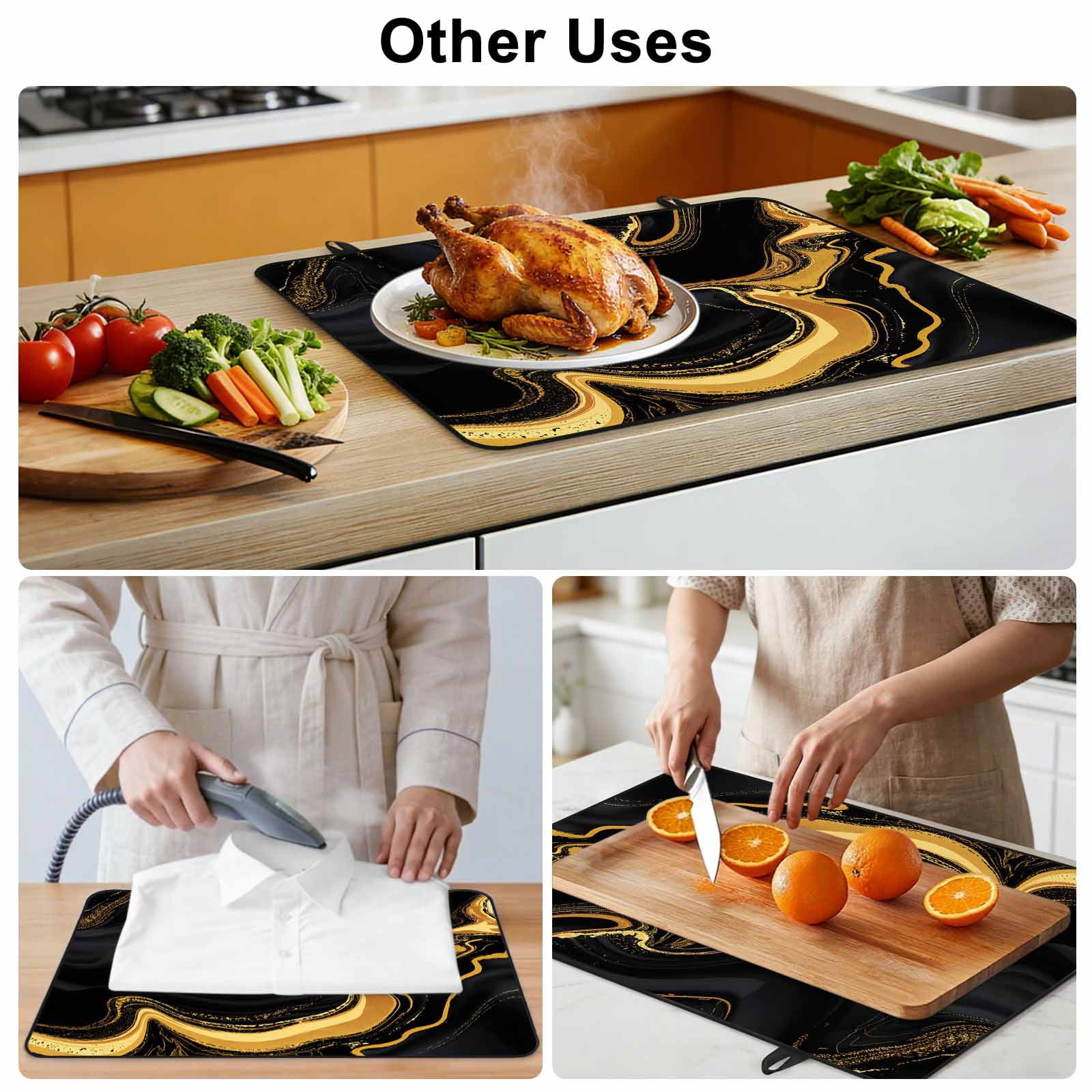 Marble Black Stove Top Cover for Electric Stove, Heat-proof & Non Slip Glass Top Stove Cover Protector, Vintage Gold Art Abstract Farmhouse Kitchen Flat Cooktop Rubber Mat 24x21 Inches