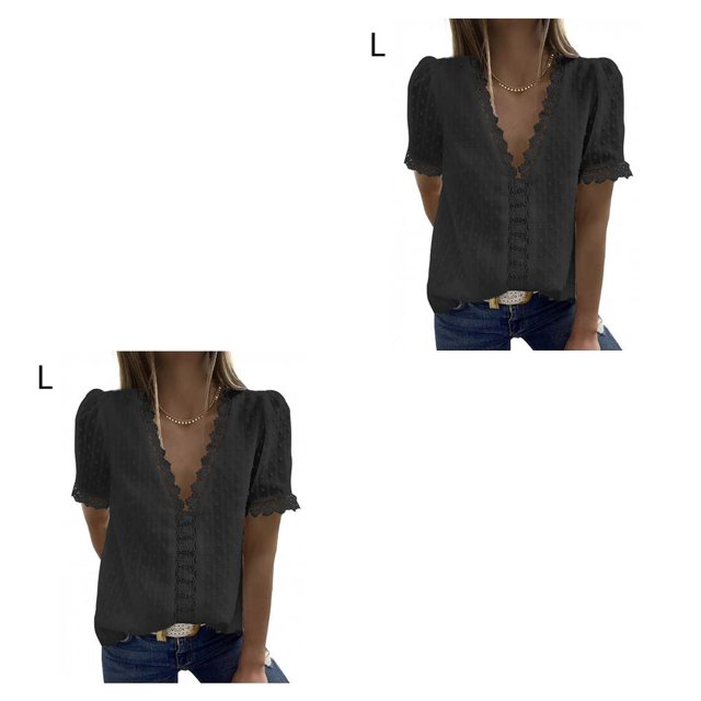 Jumpingount Camiseta de verano con cuello en V para mujer, blusa holgada de encaje lavable de Color sólido, camisa de oficina para trabajar en Type3 NO3