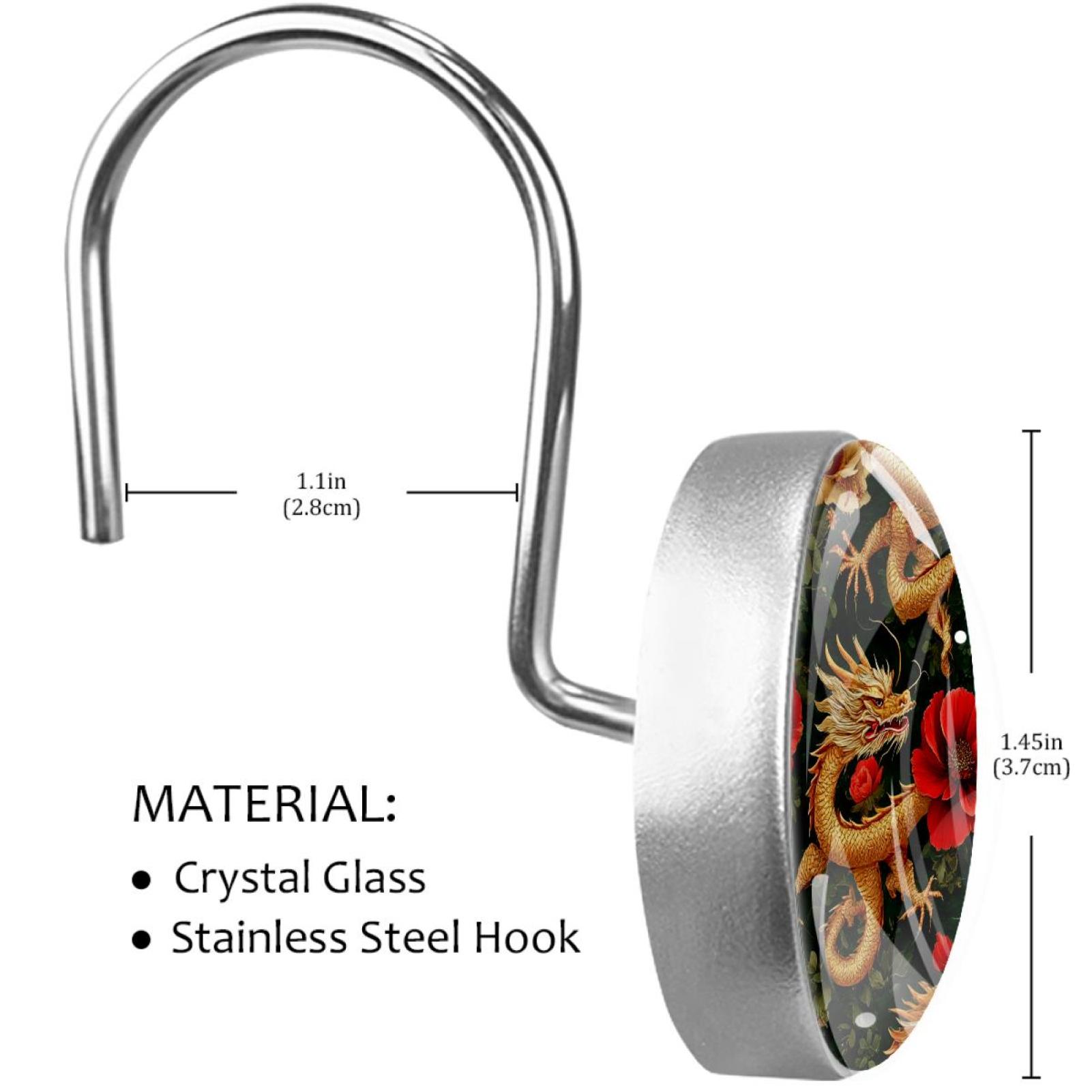 Traditional Dragon Red Poppies Shower Curtain Hooks Round Crystal Glass, Set of 12 Shower Curtain Rings - Shower Hooks for Curtain Shower Rings