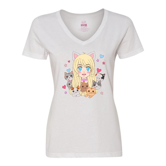 Inktastic Neko Anime Girl with Kittens Women's V-Neck T-Shirt