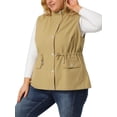 thumbnail image 2 of Women's Plus Size Utility Vest Stand Collar Cargo Pocket Drawstring Waist Sleeveless Jacket Khaki 1X, 2 of 7