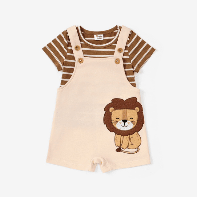 PatPat Baby Boy 2pcs Stripe Pattern Tee and Lion Print Overalls Shorts Set