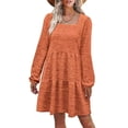 thumbnail image 1 of Vestido de manga larga, cuello cuadrado, color puro, diseño escalonado, manga abombada, vestido de túnica de verano para mujer, para fiesta, oficina, naranja S, 1 of 6
