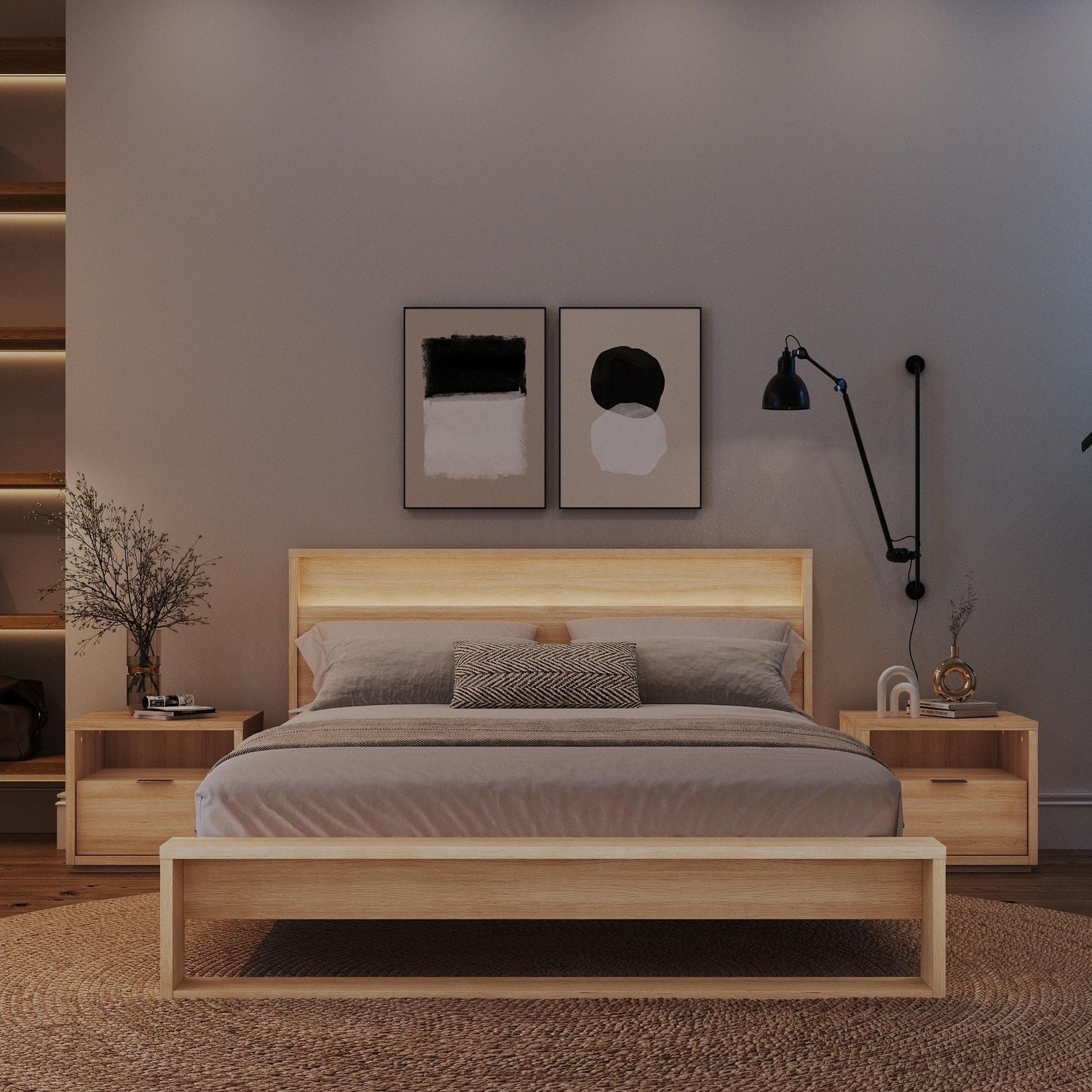 Gael 4 Piece Queen Size Bedroom Set with Slatted Bedframe, Headboard with Integrated Light, 2 Nightstands