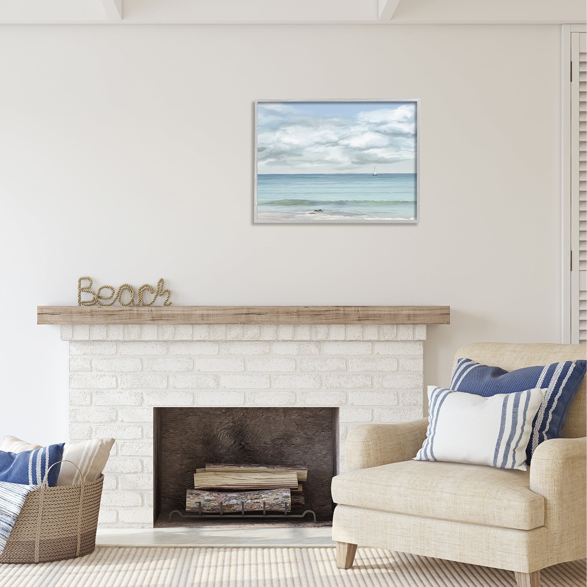 Stupell Industries Distant Sailboat Cloudy Shore Landscape Painting Gray Framed Art Print Wall Art, 30 x 24