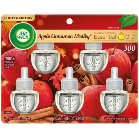 Air Wick Plug in Scented Oil Refill, 5 ct, Apple Cinnamon Medley, Air Freshener, Essential Oils, Fall Scent, Fall decor