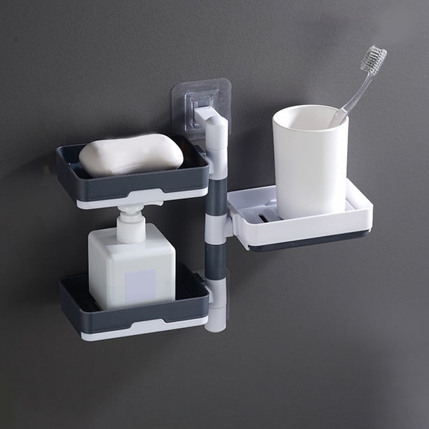 Jabonera giratoria montada en la pared, caja de jabón autoadhesiva de 1-4 capas, soporte de almacenamiento para la cocina del baño con diseño de drenaje, sin instalación de taladro, blanco / gris