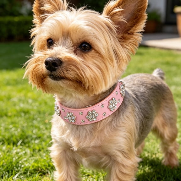Pink Rhinestone Flower Dog Collar, Sparkly PU Leather Pet Necklace with Adjustable Buckle, for Small & Medium Dogs and Cats(Pink,M)