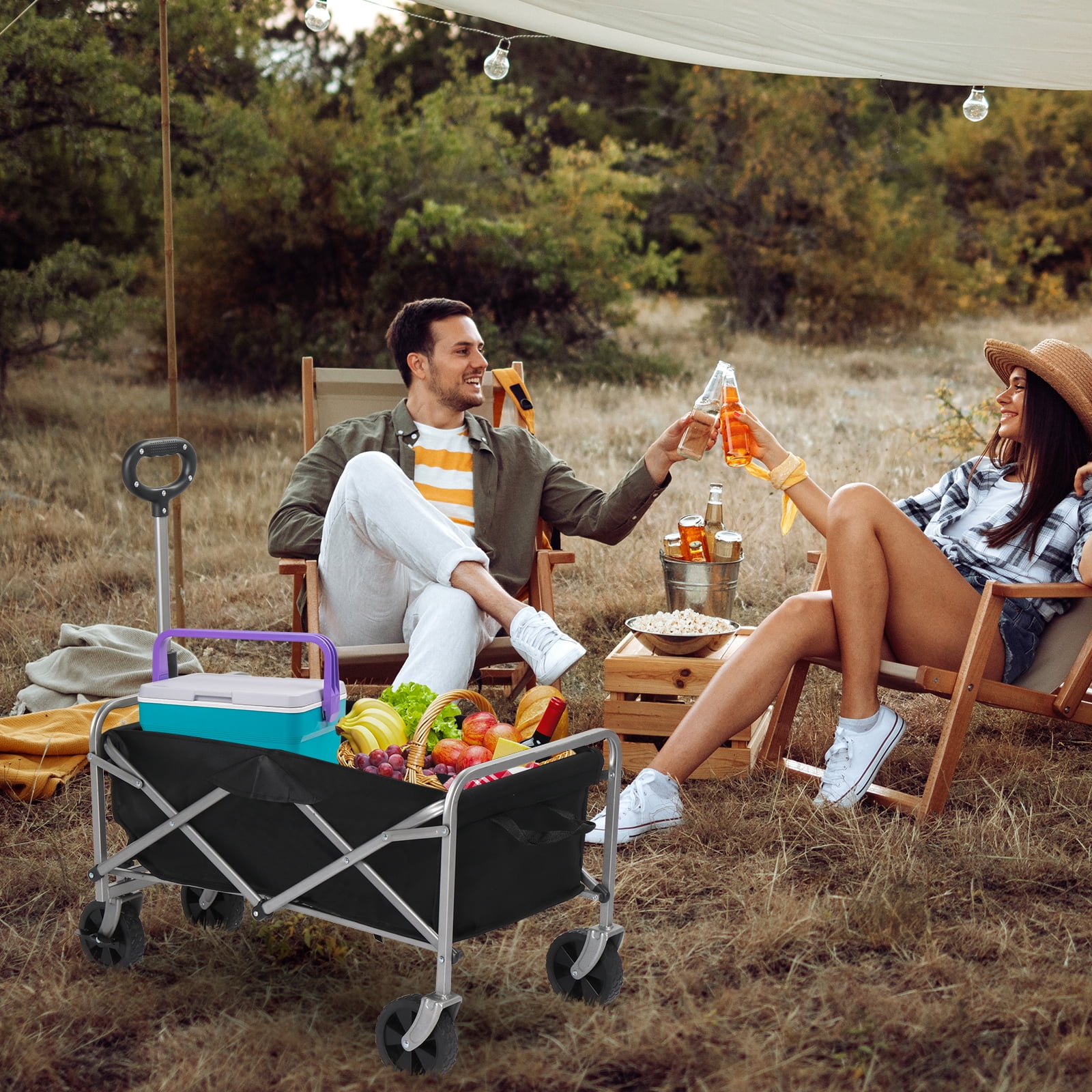Garden Folding Cart, 600d Oxford Cloth Steel Frame Flat Folding Style Black Cloth Silver Frame, 74.5*45.5*84cm 100kg