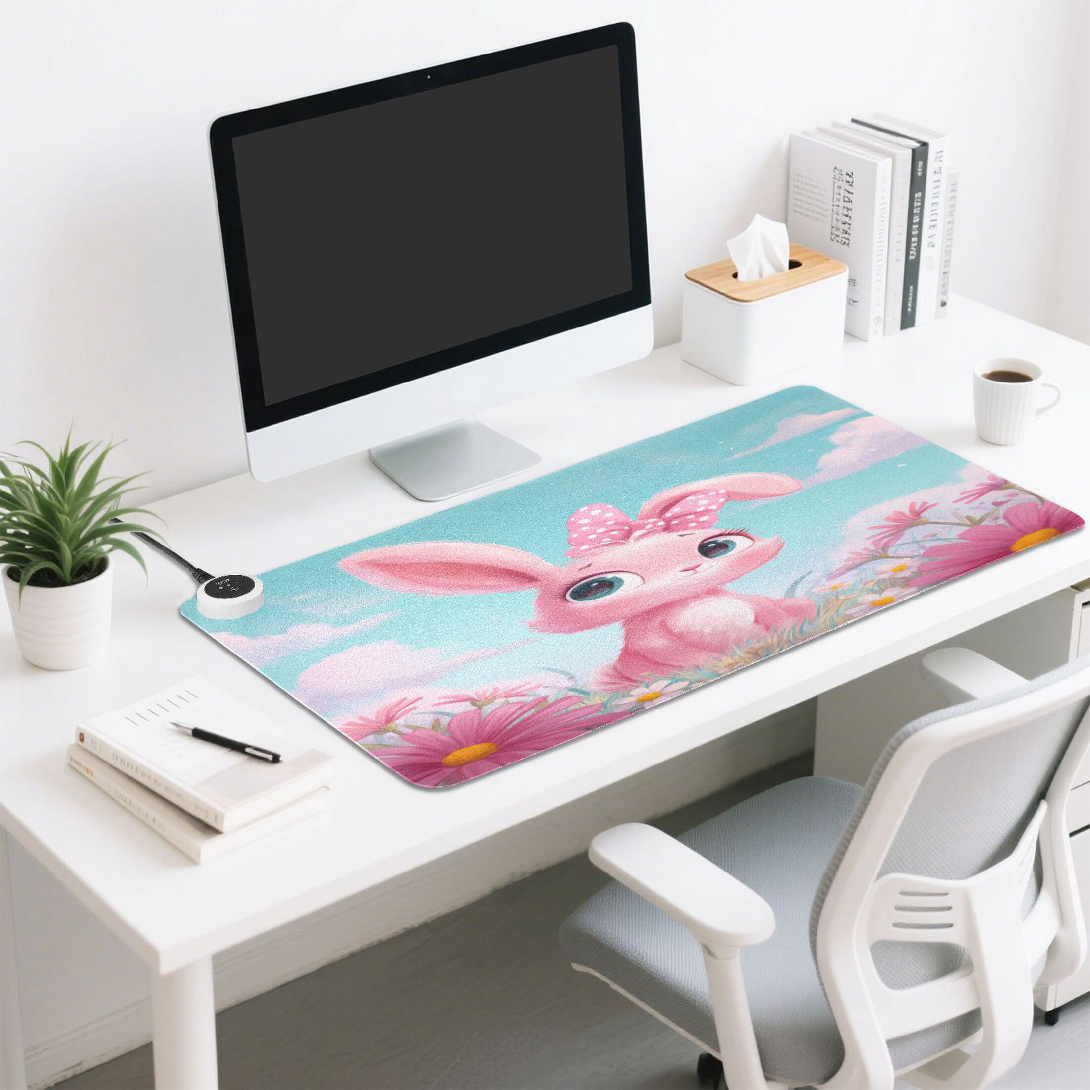 Large Heated Desk Mat Mouse Pad 31.5"x13"PU Leather Graphene Heating Desk Warmer with 3 Temperature Settings 110V US Plug Non-Slip Warm Pad for Home, Office, and Gaming Soft Pink Bunny Illustration