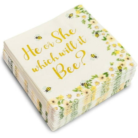 Bee Gender Reveal Party Supplies, Paper Napkins (5 x 5 In, 50 Pack)