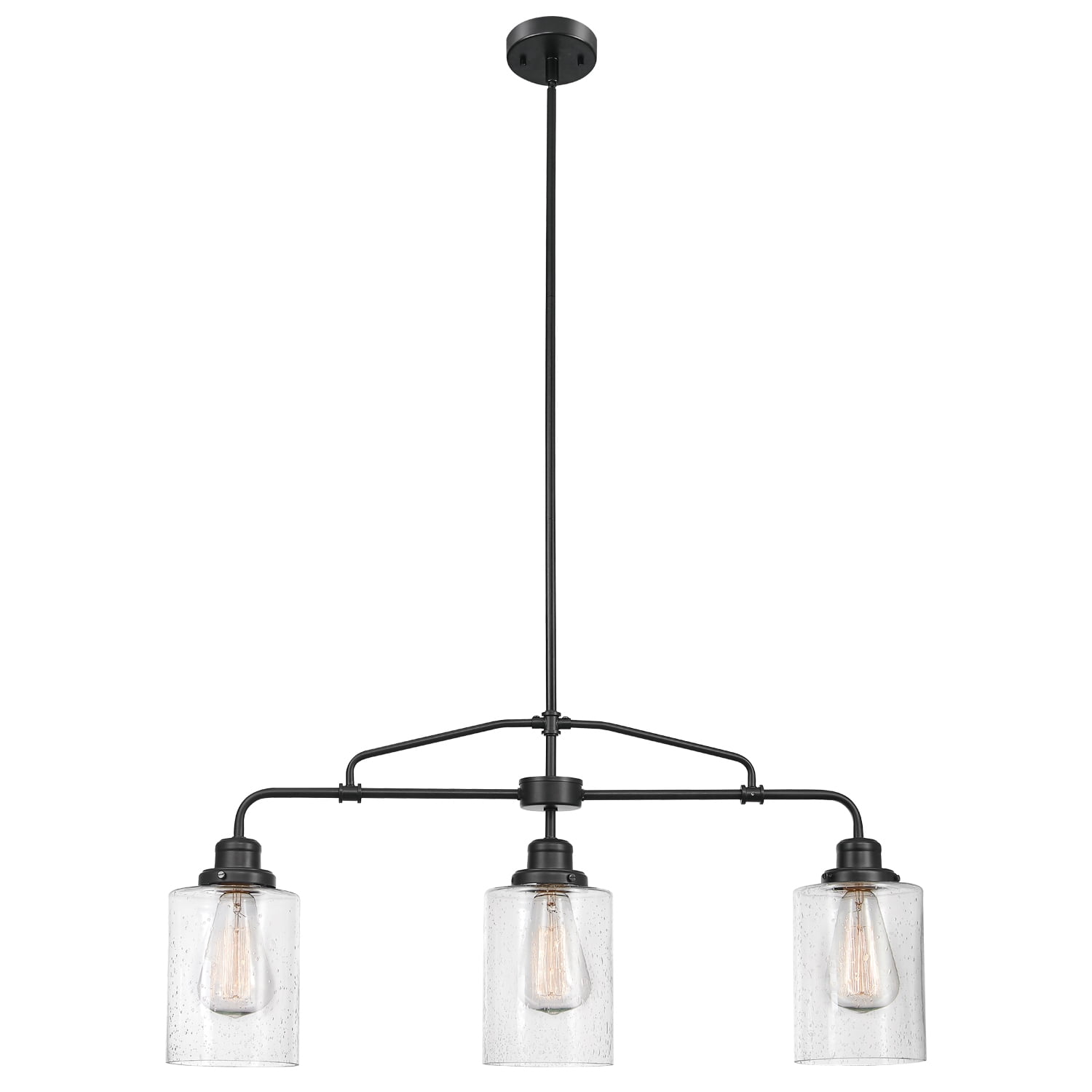 Wood Style Linear Metal Frame Oil Rubbed Bronze Kira Home Brentwood 30 6-Light Rustic Kitchen Island Light Pendant Chandelier Walnut Style Finish Seeded Glass Shades 