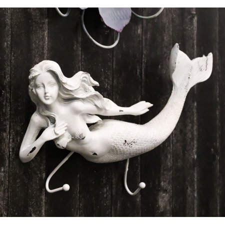 Rustic White Stone Finish Nautical Ocean Siren Mermaid 2 Prong Wall Hook Decor