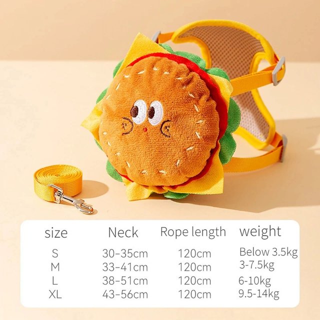 Pet Backpack Traction Rope Cat Vest Dog Chest Strap Going Out for A Walk Dog Rope Cartoon Hamburger Backpack Dog Traction Rope (Big Eye Burger,L)
