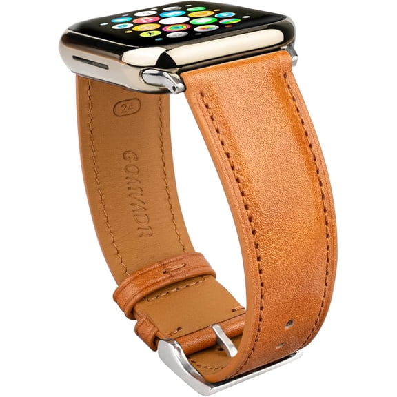 Leather Bands Compatible with Mens Apple Watch Band 42mm 44mm 45mm, Replacement Band Leather Strap for Men's iWatch Series 9 8 7 6 5 4 3 2 1 SE3/2/1 (Yellow/Silver Buckle, 45mm/44mm/42mm)