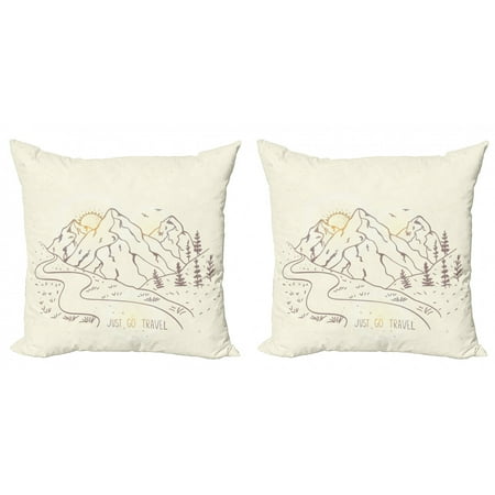 Travel Throw Pillow Cushion Cover Pack of 2, Sunrise Scenery Nature Mountains with Text Just Go Travel Sketch Illustration, Zippered Double-Side Digital Print, 4 Sizes, Cream Tan Yellow, by