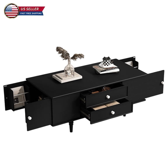 Hassch Modern Coffee Table with 4 Drawers & Hidden Side Compartments, Multifunctional Center Table with Solid Wood Legs, for Living Room, Bedroom, Office, 47.2"L x 23.6"W x 19.3"H, Black