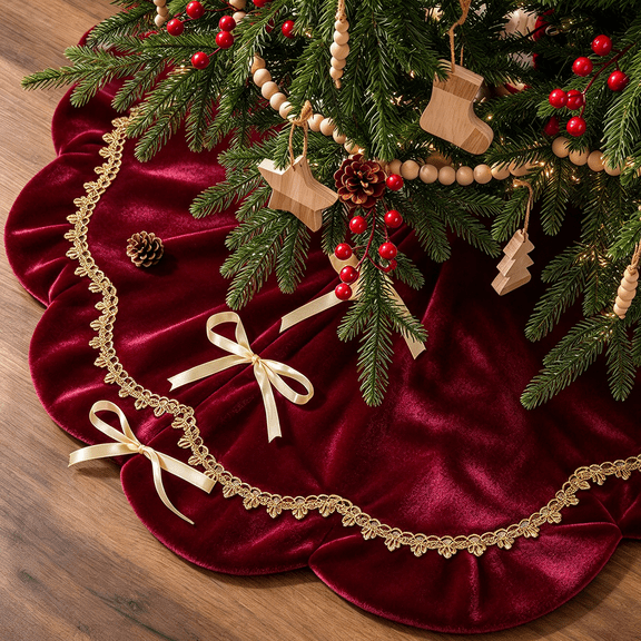 Lomyolo 48Inch Christmas Tree Skirt - Luxury Velvet with Sparkling Gold Lace Trim, Scalloped Edge Xmas Tree Skirt for Merry Christmas Party Gift Holiday Home Decor - Red