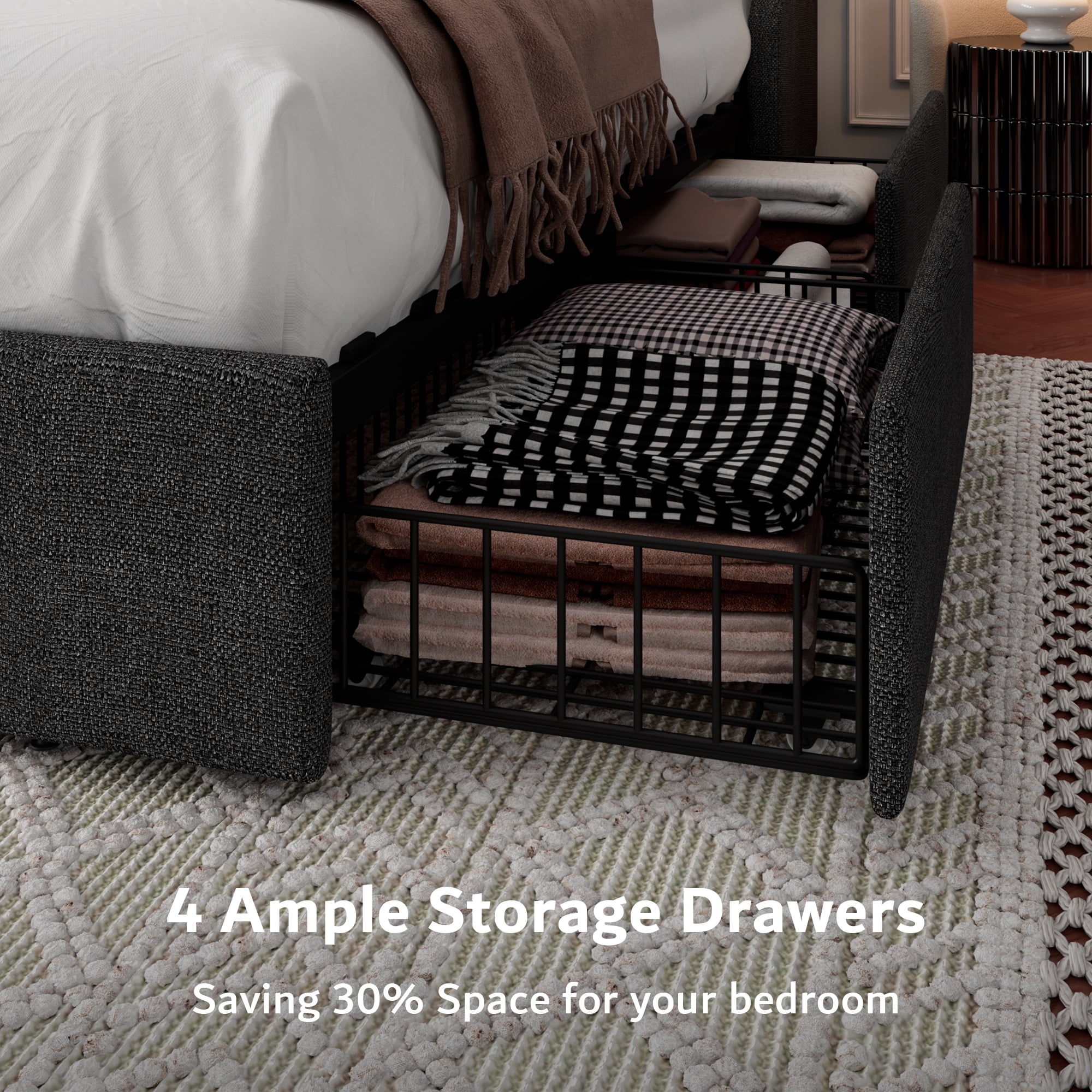Virans King Bed Frame with 4 Storage Drawers, Upholstered Platform Bed Frame with Type-C & USB Ports, Wingback Storage Headboard, Dark Gray