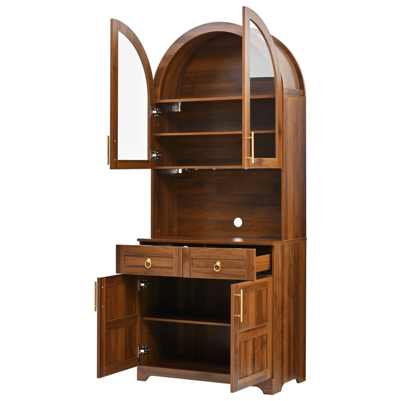 Arched Kitchen Pantry Cabinet with LED Light & Charging Station, Farmhouse Storage Hutch with 2 Drawers, Adjustable Shelves, Glass Doors, Coffee Bar Cabinet for Kitchen, Dining Room