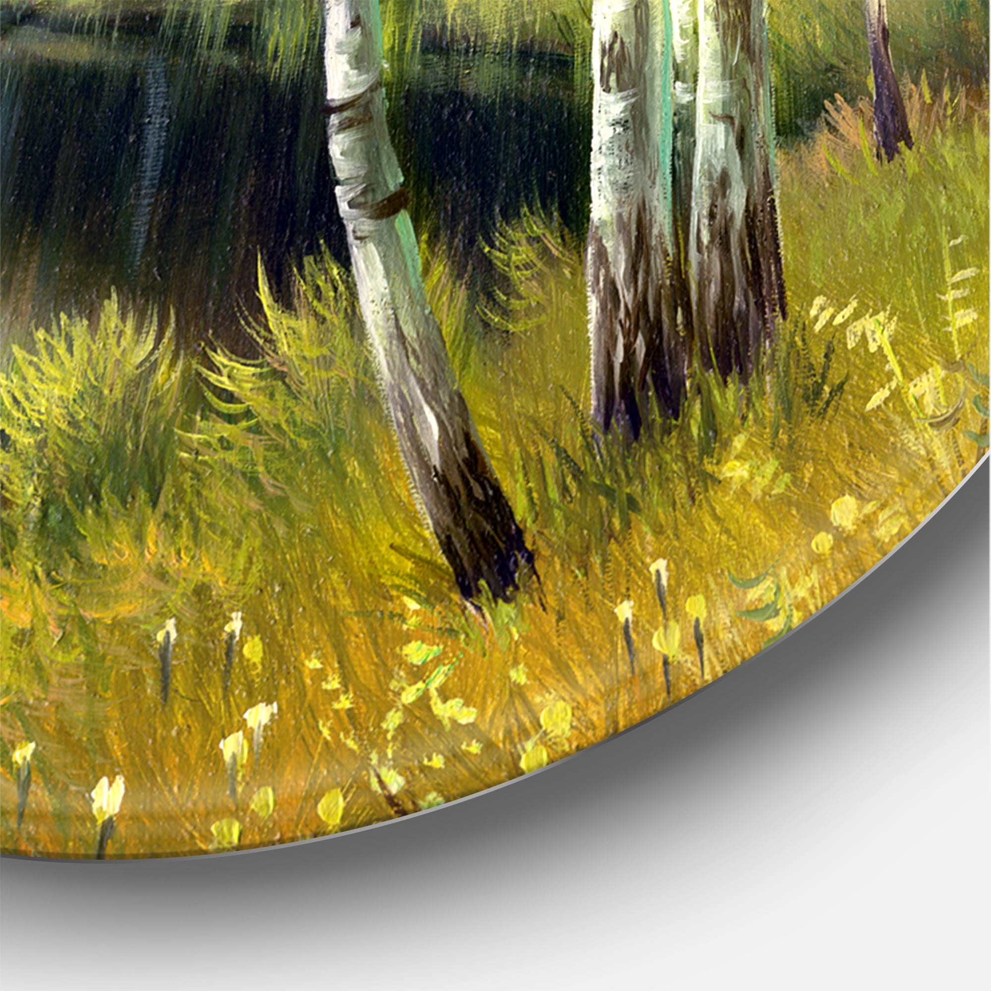 Designart 'The River In Silent Green Nature Through Birches' Traditional Circle Metal Wall Art 11x11 - Disc of 11