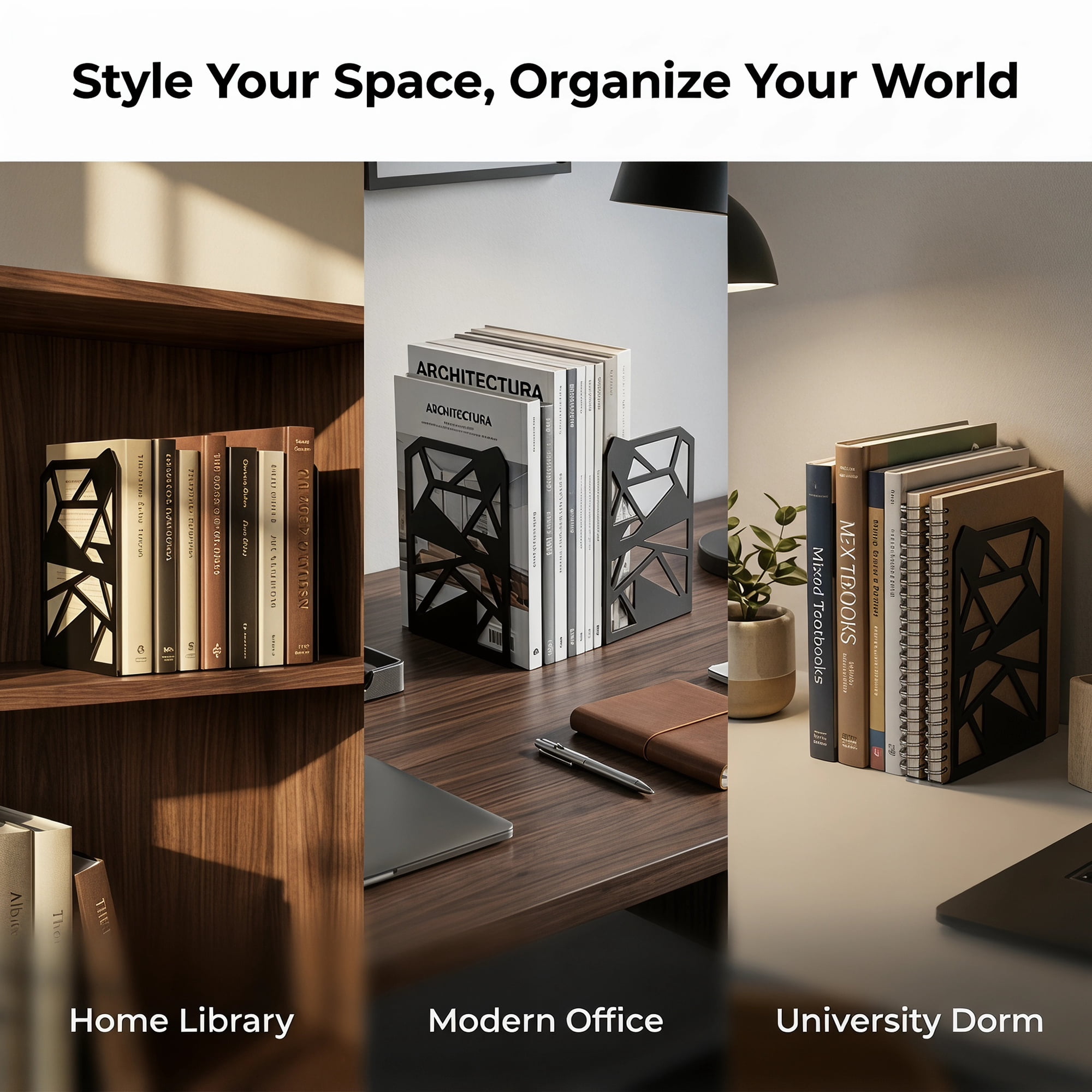 Unique Bargains Geometric Metal Bookends Decorative Book Ends for Shelves Black 4.7"x4.7"x6.5"
