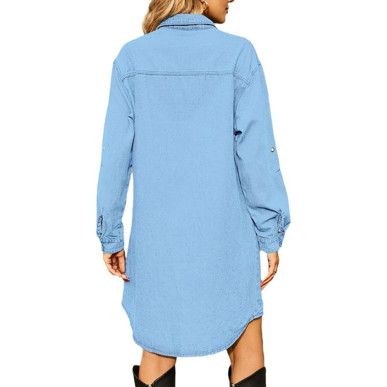 Belted Waist Long Sleeves Denim Shirt Dress Belted Waist Long Sleeves Denim Shirt Dress