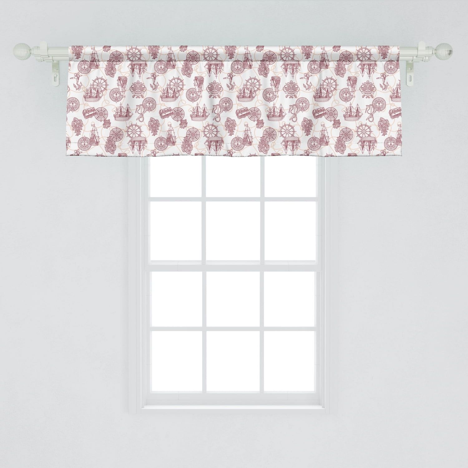 Ambesonne Nautical Window Valance, Maritime Pattern of Outline Ship Compass and Wheel Swirling