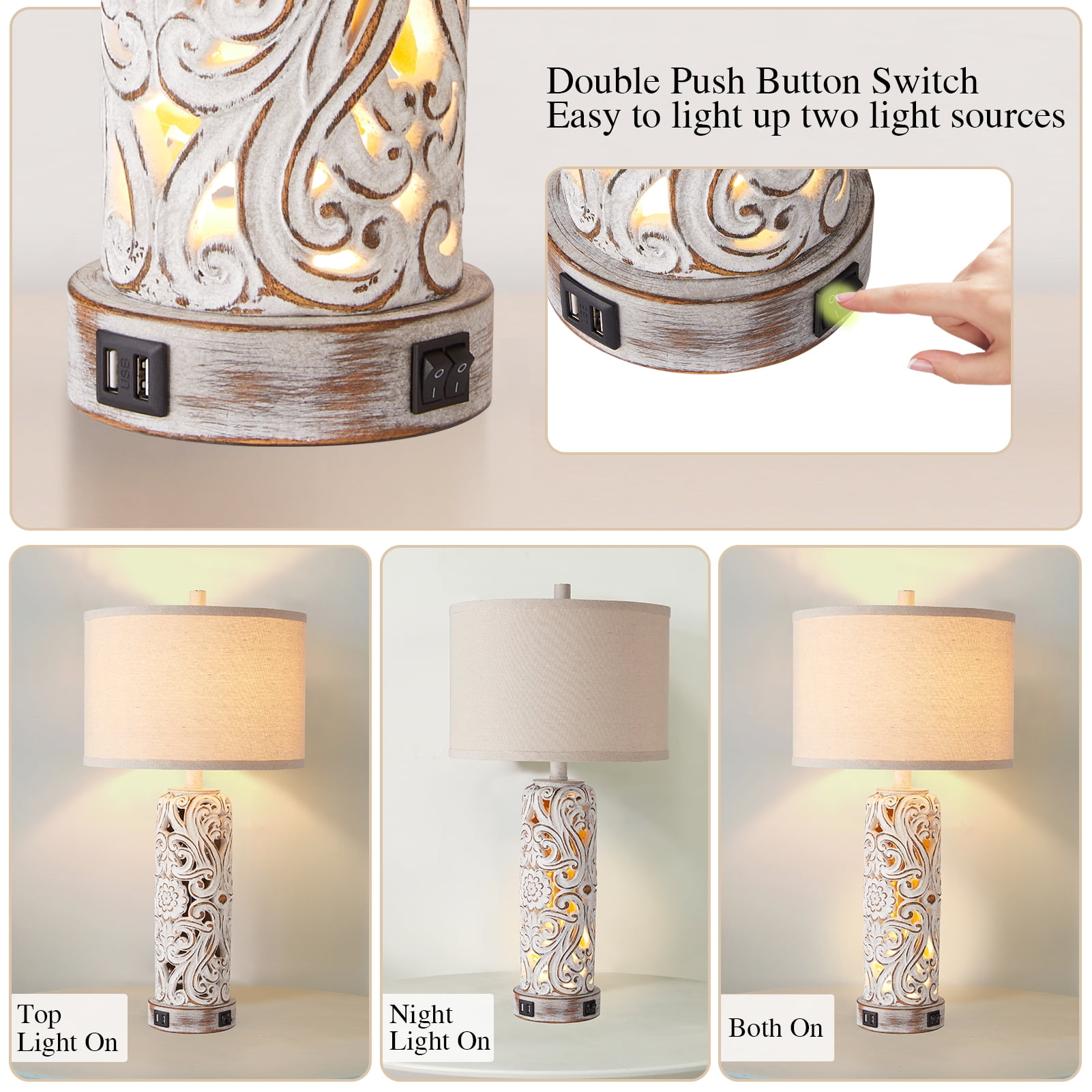 RORIA 25" Country Style Table Lamps Set of 2，for Living Room Bedroom Nightstand, Hollow Resin Farmhouse Vintage Bedside Lamp with 2 USB Ports with Night Light, LED Bulb Included