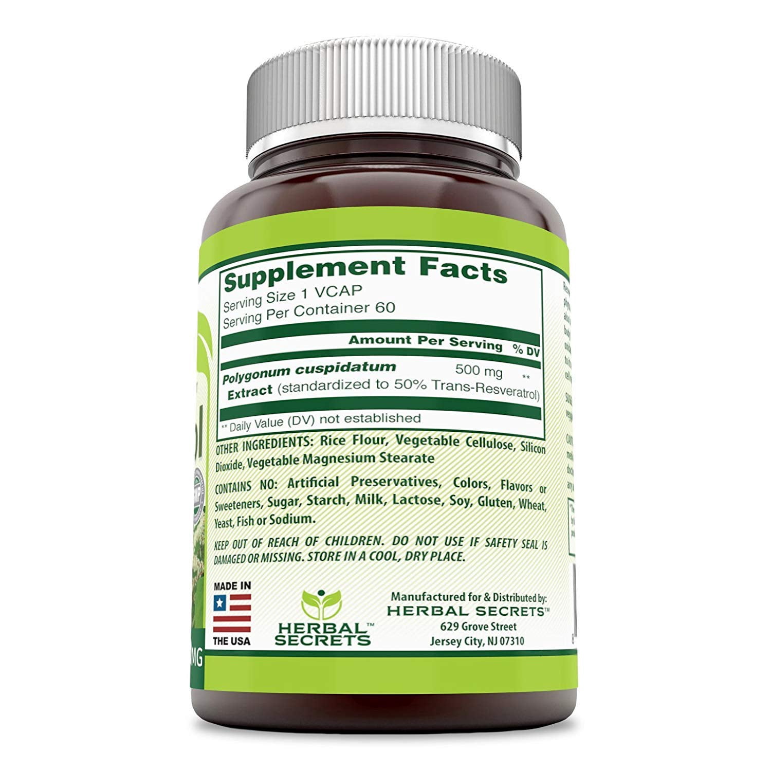 Herbal Secrets Resveratrol 500 Mg 60 Veggie Capsules (Non-GMO) Antioxidant Properties - Supports cardiovascular health,  Supports Healthy Aging *