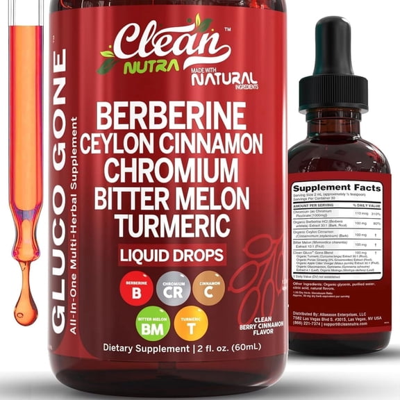Clean Nutra Berberine with Ceylon Cinnamon Supplement Liquid Drops Bitter Melon Extract, Glucomannan, Gymnema, Chromium, Turmeric, Organic Panax Ginseng, Moringa GLP-1 Support