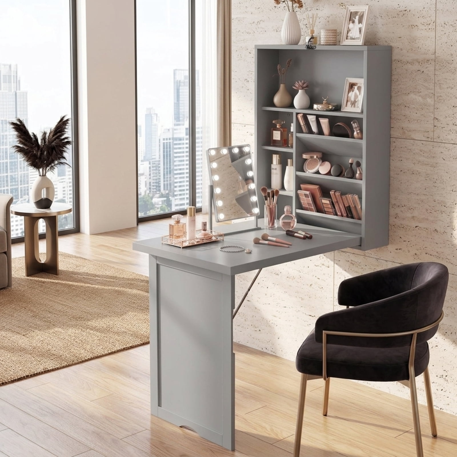 Furnibear Wall Mounted Fold Out Convertible Floating Desk Space Saver with Shelves for Small Spaces Home Office Study, Gray