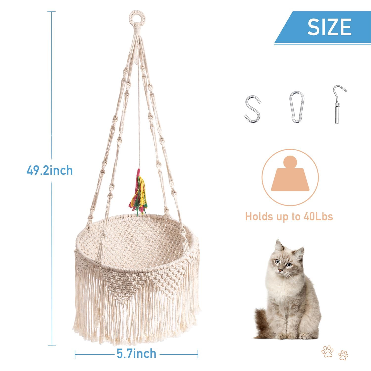Pefilos 49" Macrame Cat Hammock, Handwoven Hanging Cat Bed, Boho Cat Swing Toy with 3 Different Types of Hooks for Indoor Outdoor Home Decor Hang Cat House Bed for Sleeping, Playing, Beige Pefilos 49" Macrame Cat Hammock, Handwoven Hanging Cat Bed, Boho Cat Swing Toy with 3 Different Types of Hooks for Indoor Outdoor Home Decor Hang Cat House Bed for Sleeping, Playing, Beige