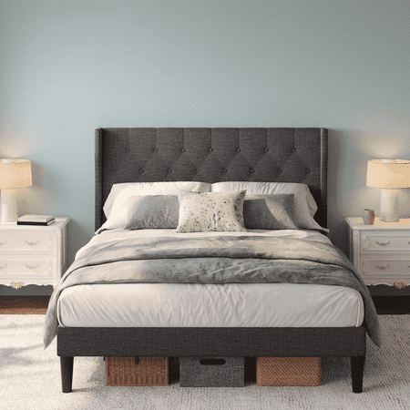 Queen Size Bed Frame Jolifa Upholstered Platform Bed Frame with Linen Headboard, No Box Spring Needed, Dark Gray
