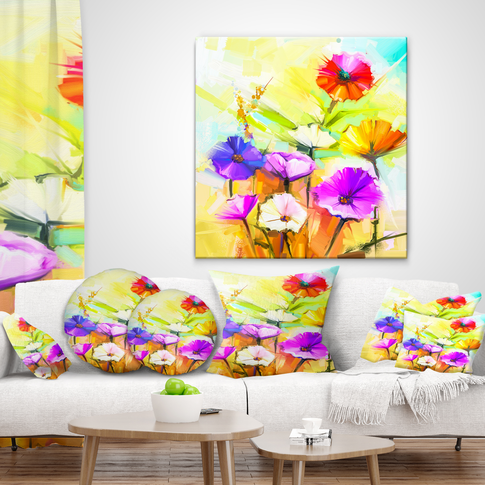 Designart Colorful Gerbera Flowers Painting - Floral Throw Pillow - 16x16