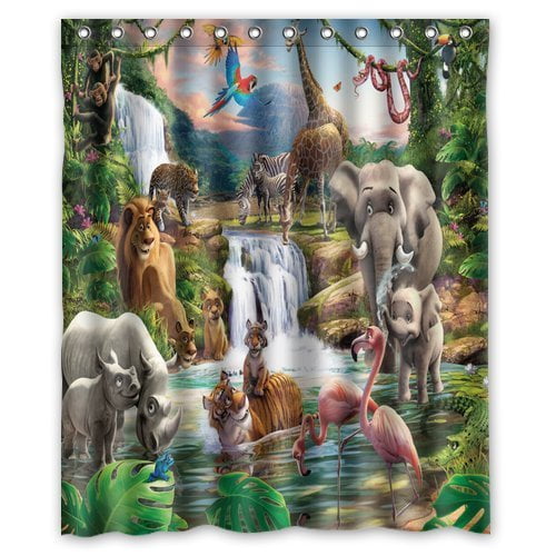 GreenDecor The Jungle Animals Waterproof Shower Curtain Set with Hooks