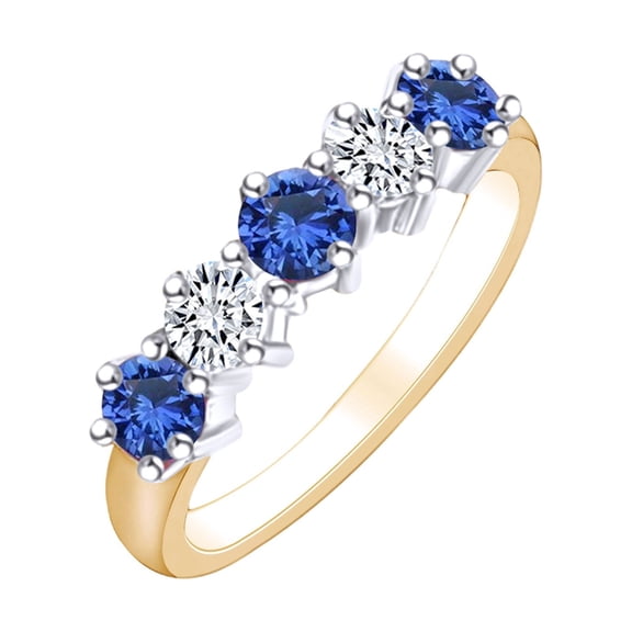 AFFY Round Simulated Blue Sapphire & White Natural Diamond Eternity Wedding Band Ring In 14k Solid Yellow Gold Ring Size-9.5