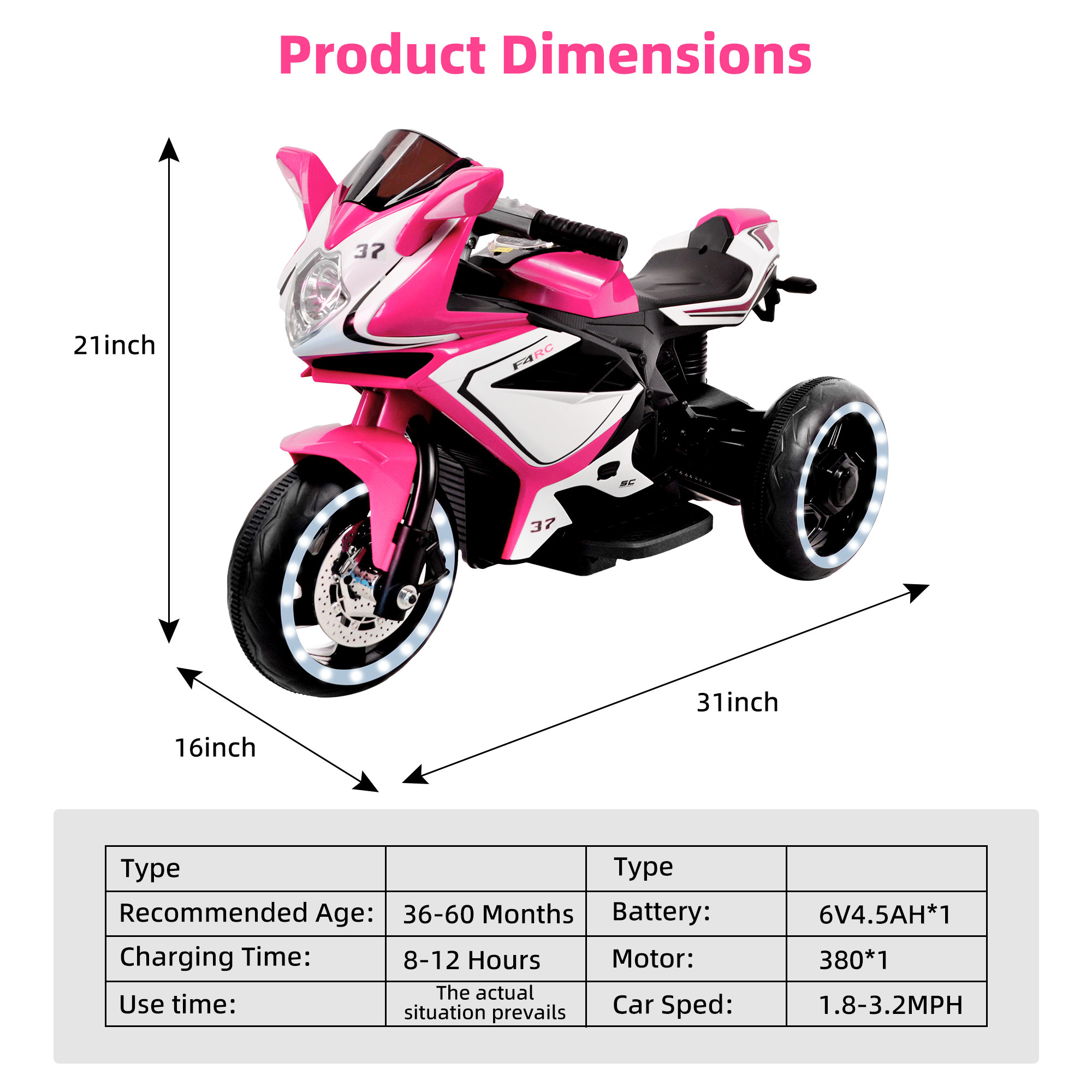 Tamco 6V Kids Ride on Motorcycle, Battery Power Ride on Motorcycle Toy with Music Play, Bluetooth, LED Light, 3 Wheels Electric Motorcycle for Boys & Girls 3-5 Yrs Toddlers, Pink