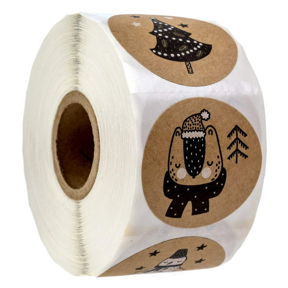 Autocollants de Noël Animaux Noirs et Blancs / 500 Étiquettes de Noël / Enveloppes Rondes d'Animaux d'Hiver 1.5 Pouces / 6 Designs Festifs