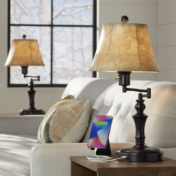 Regency Hill Corey 21 3/4" High Farmhouse Rustic Desk Lamps Set of 2 USB Port with Socket Swing Arm Bronze Finish Metal Charging