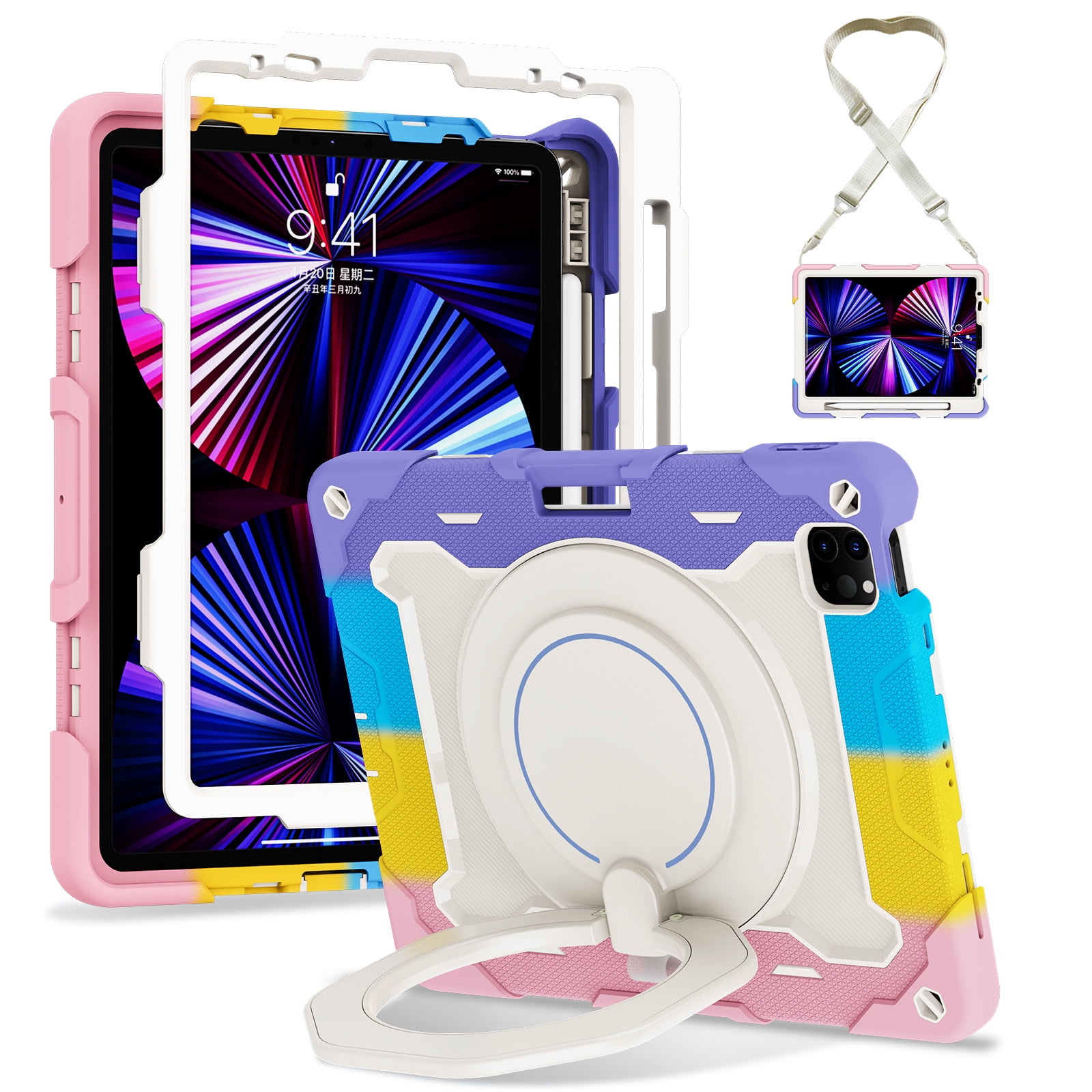 FJLBDE Case for 10.5 inch iPad Air 3rd Generation 2019 / iPad Pro 2017 with 360 Kickstand, Shoulder Strap Carrying Protective Cover, Multicolor Pink