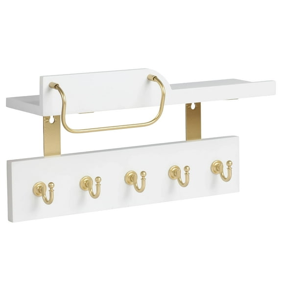 Jessac White & Gold Entryway Wall Mount Shelf with 5 Hooks, Sunglasses Holder Bar & Guard Rail, Real Pine Wood Organizer for Keys, Mail, Hats, (14" × 6" × 4")