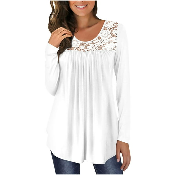 Tops de Mujer Camisas de Manga Larga Otoño Casual Túnica Sólida Suelta Panel de Encaje Blusas en T Plisadas Odeerbi ODB150373
