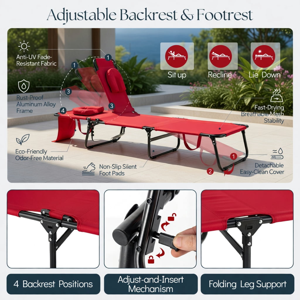Hommoo Portable Folding Face-Down Tanning Chair with Adjustable Backrest, 3 Removable Zippered Pillows, Heavy-Duty Oxford Fabric, Red